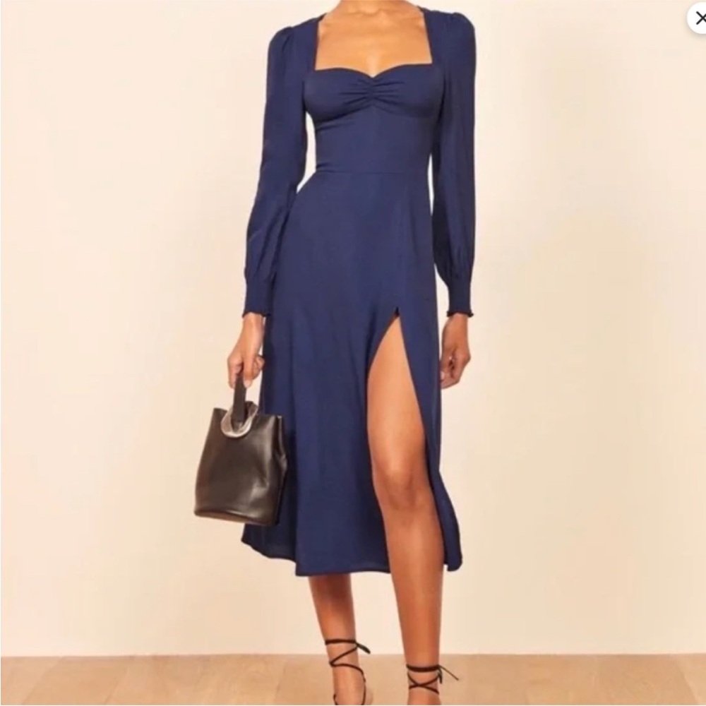 Reformation Wallflower Midi Dress in Danube (navy blue) Size 8